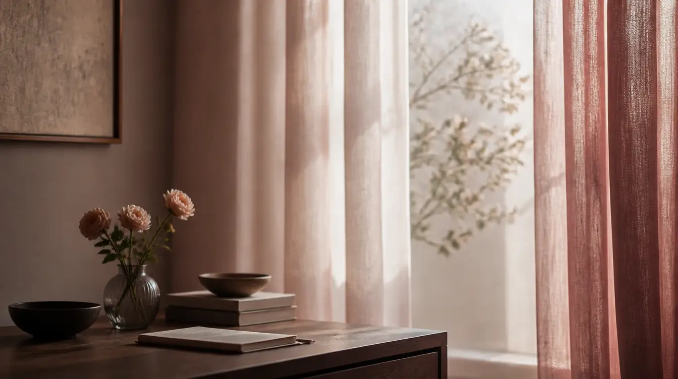 A quiet living room with a vase of flowers by a sunlit curtained window