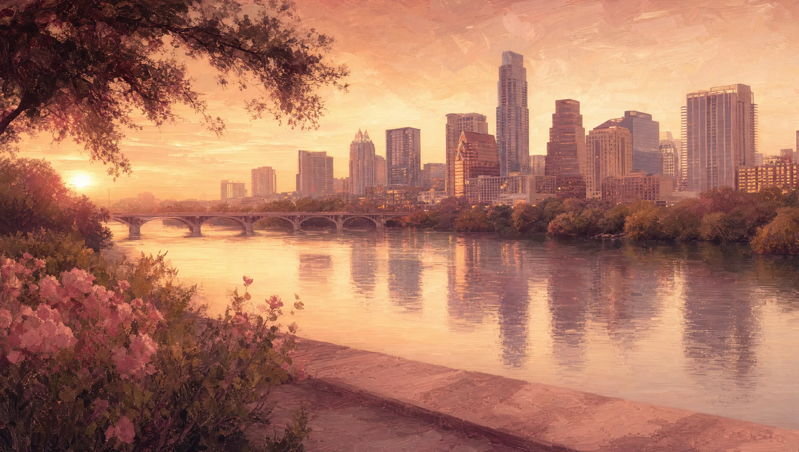 The Austin, Texas skyline at sunset reflected in Lady Bird Lake