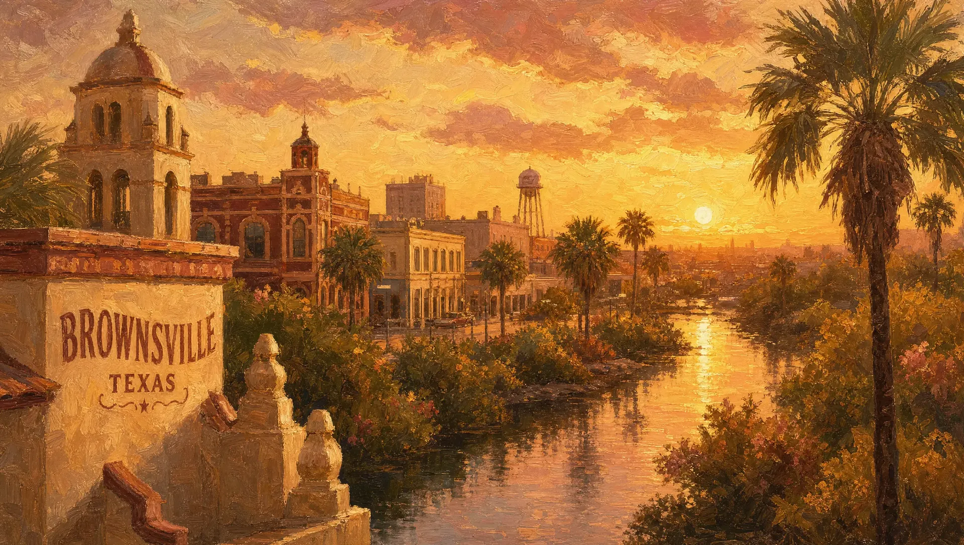 A Brownsville, Texas welcome sign with palm trees and historic buildings at sunset
