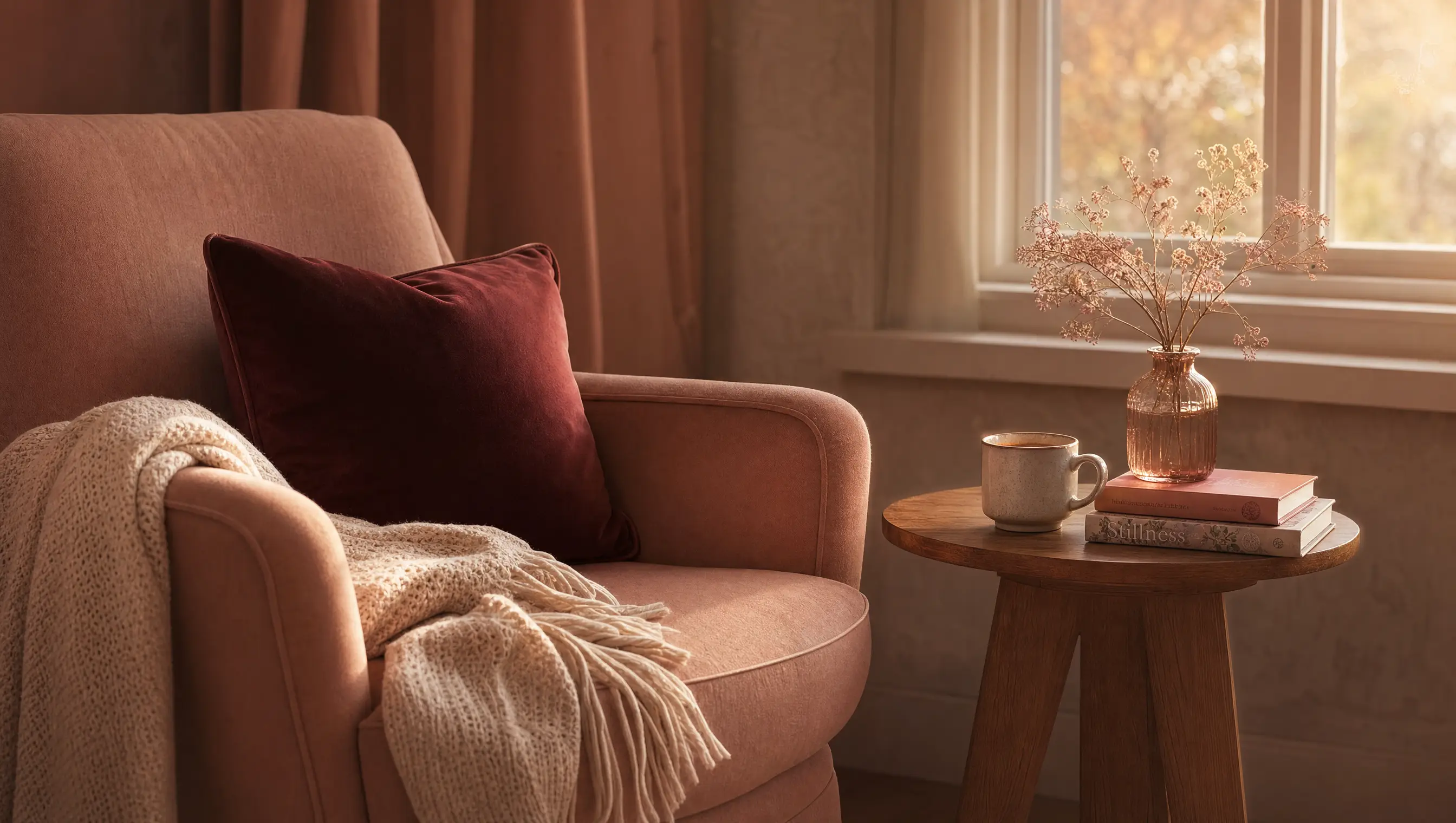 A soft armchair with a folded throw blanket and a warm cup on a side table