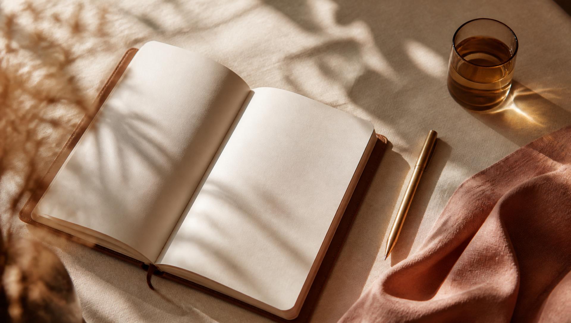 An open blank notebook and a cup of tea on a desk in soft daylight