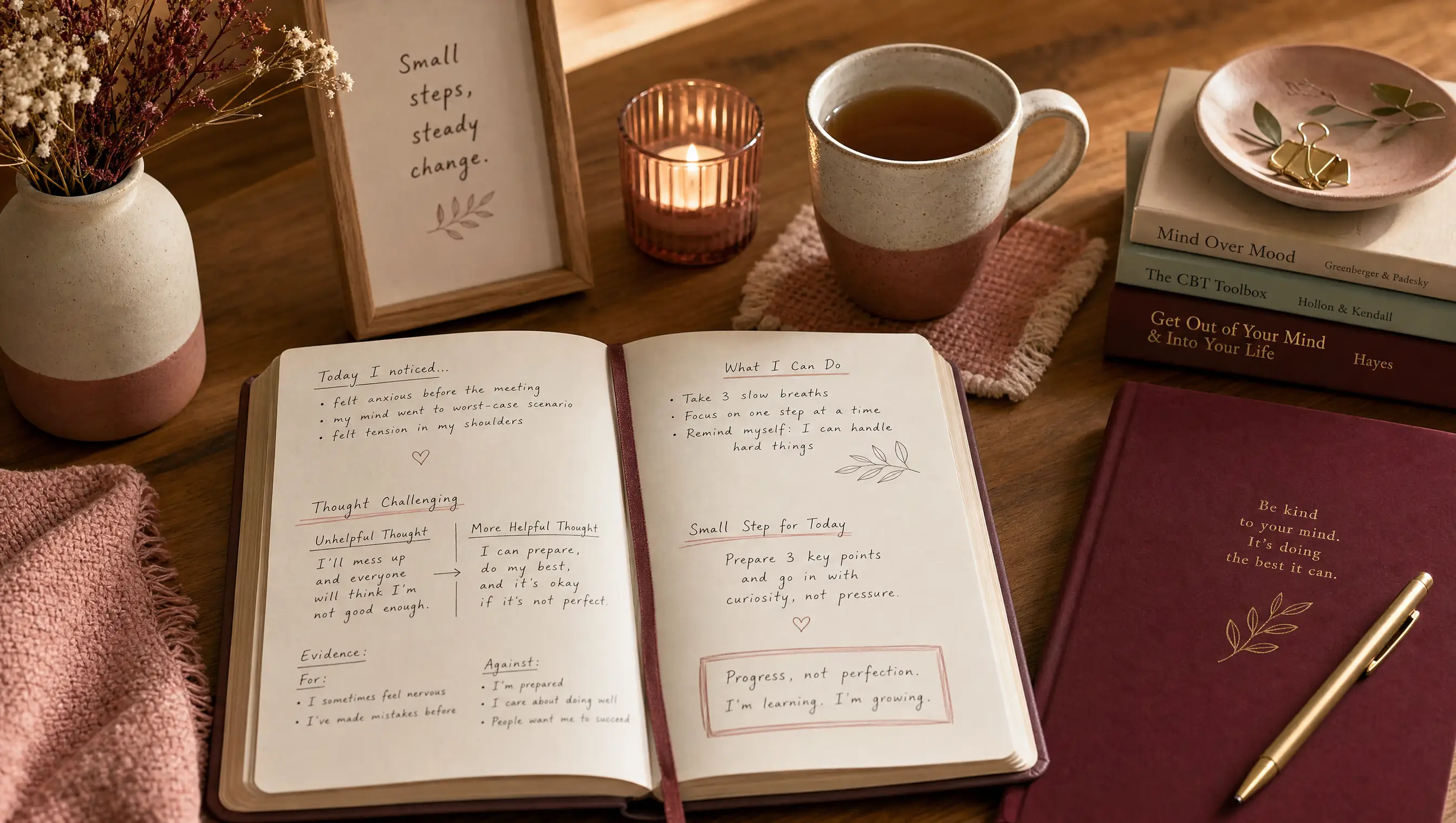 A handwritten thought-record notebook beside a candle, tea and a small framed note