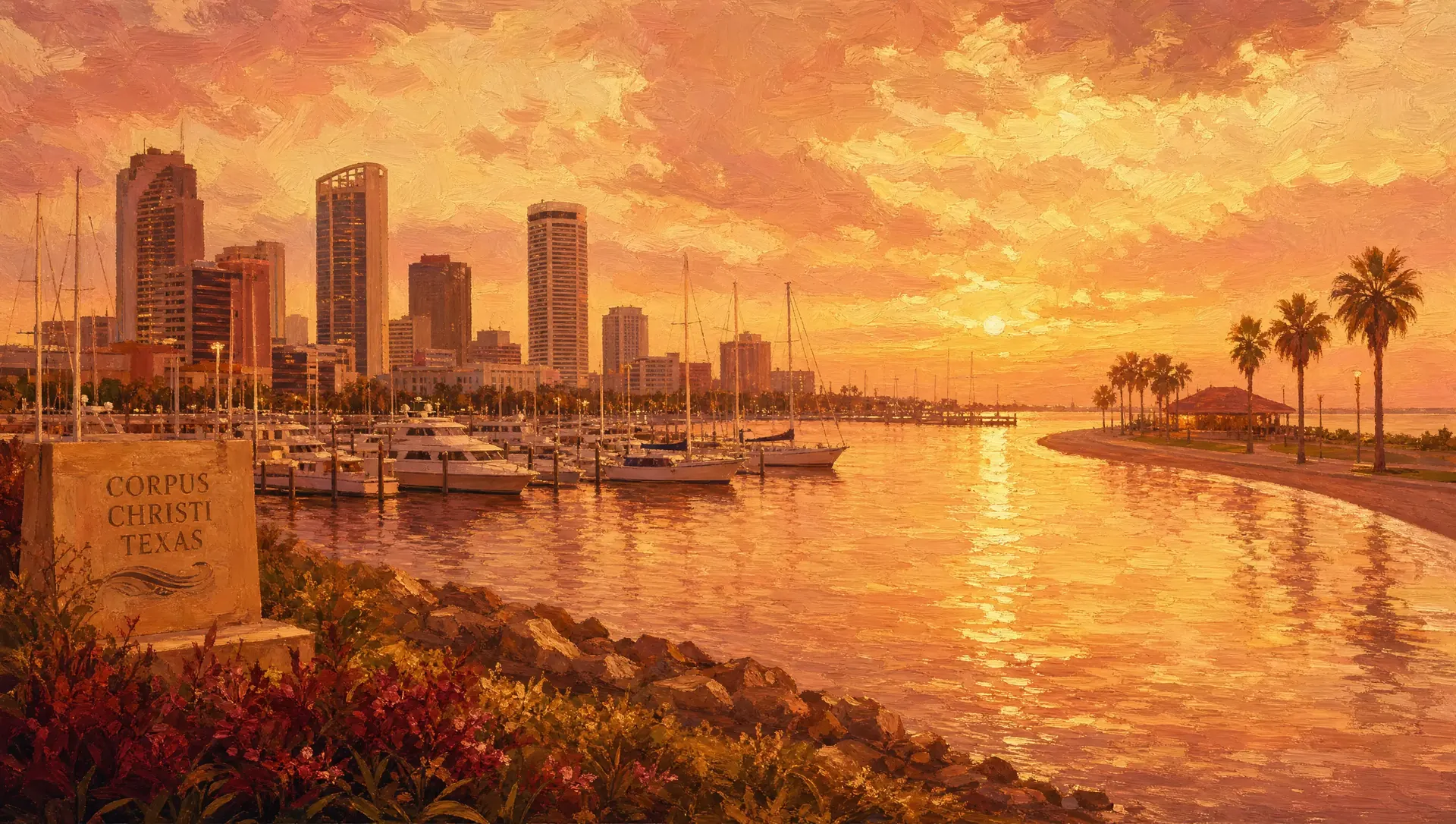 The Corpus Christi, Texas bayfront and marina at golden hour