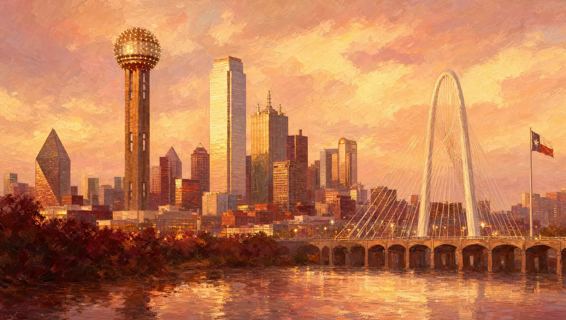 The Dallas–Fort Worth skyline with Reunion Tower and the Margaret Hunt Hill Bridge at sunset