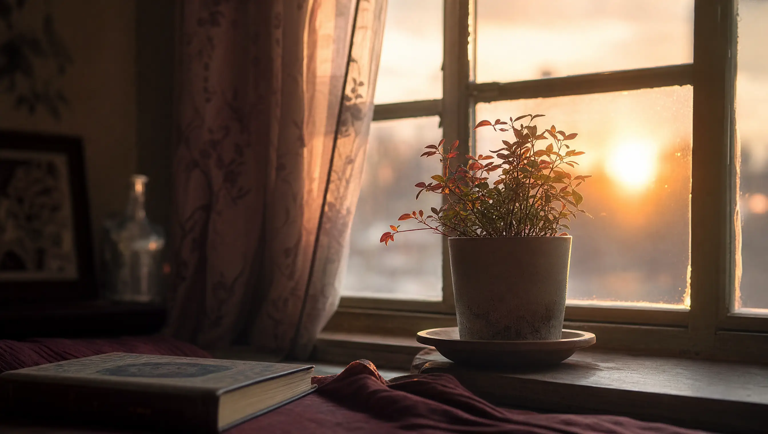 A small potted plant on a windowsill with gray light coming through the panes