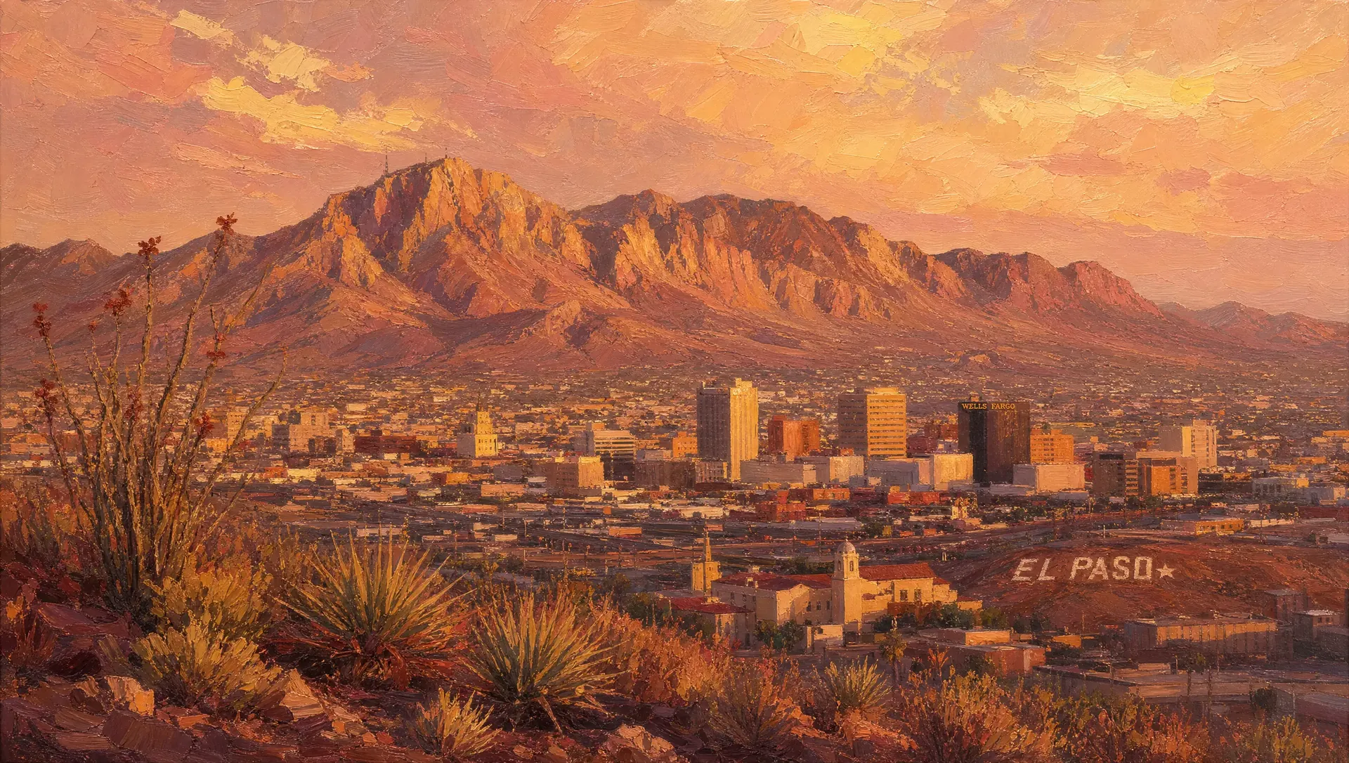 El Paso, Texas seen from the desert with the Franklin Mountains behind the city
