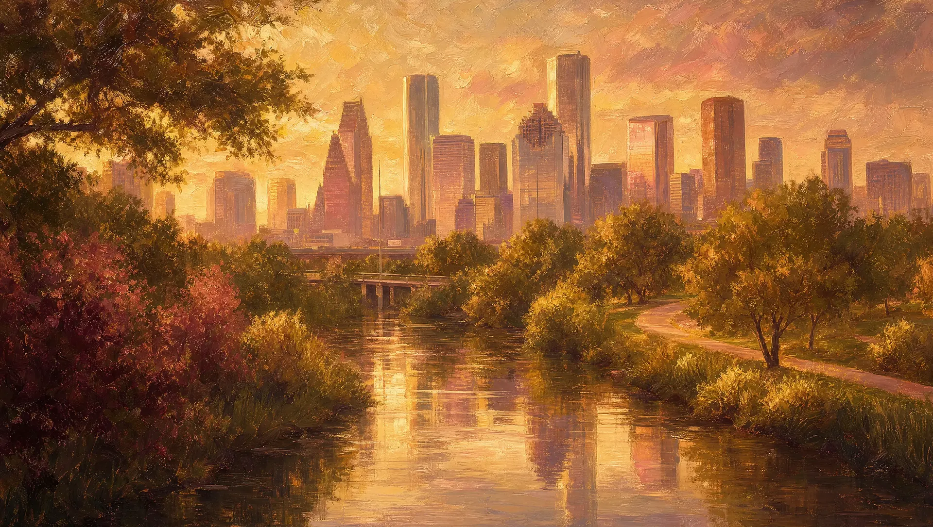 The Houston, Texas skyline seen across Buffalo Bayou and its green park