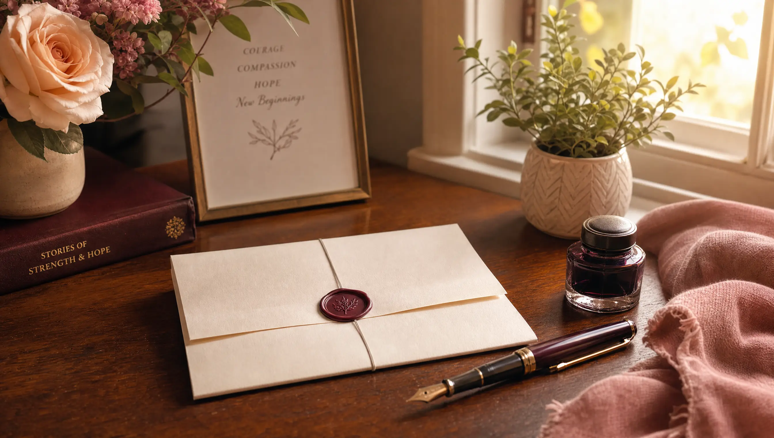 A sealed letter with a fountain pen and ink bottle on a desk by a window
