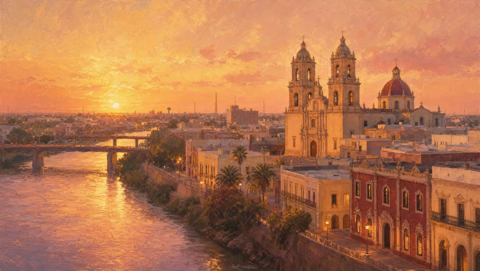 Laredo, Texas at sunset with the cathedral towers above the Rio Grande