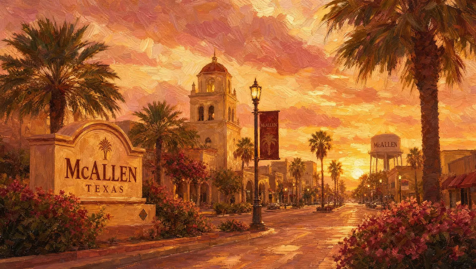 A McAllen, Texas welcome sign framed by palm trees at sunset