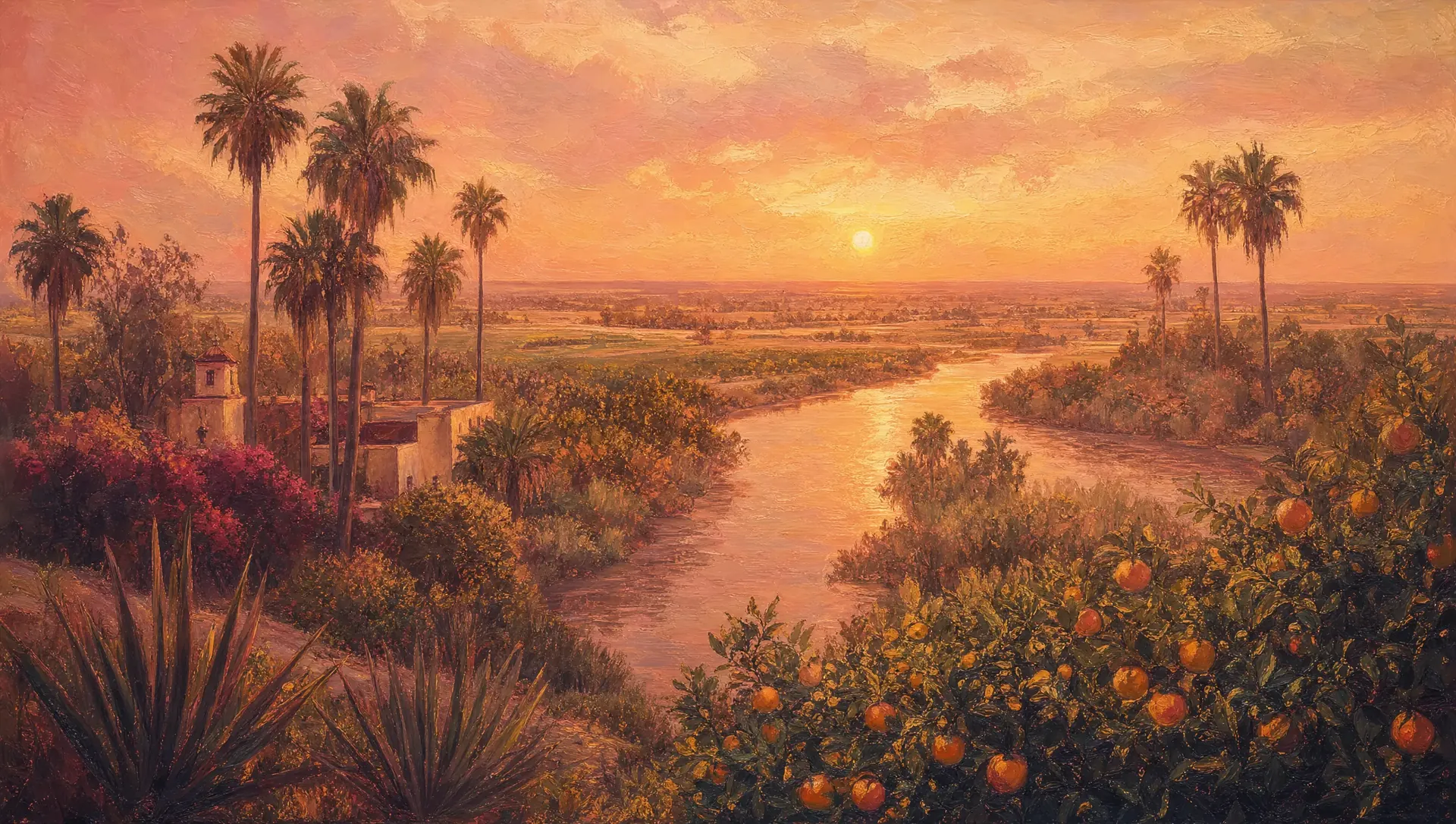 The Rio Grande Valley at sunset with citrus groves, palms and the river winding through