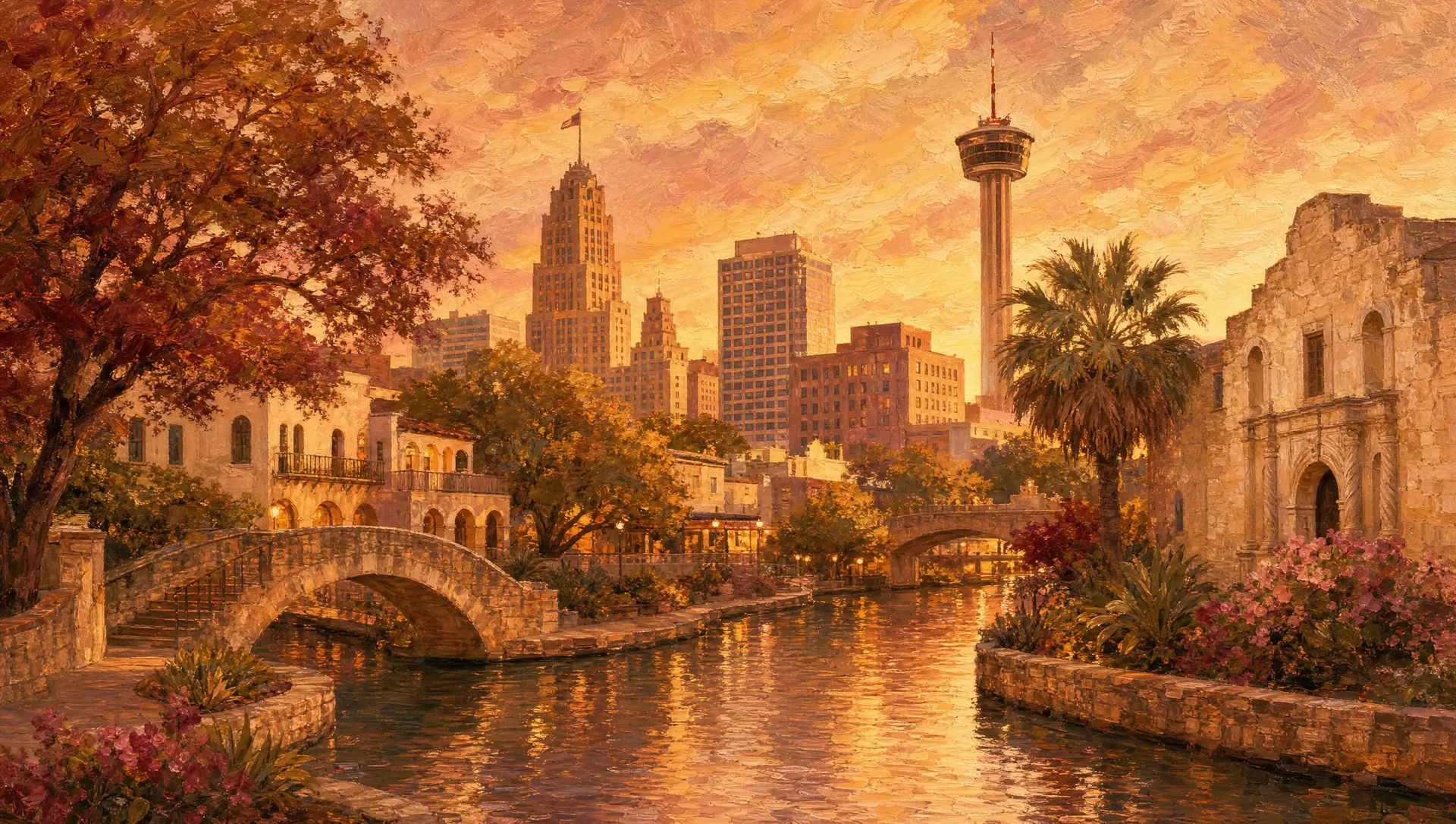 The San Antonio River Walk at sunset with stone bridges and the city skyline