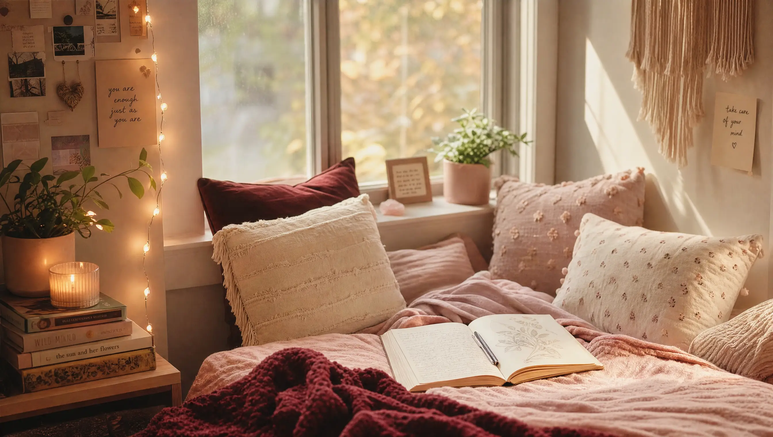 A teenager's cosy window nook with cushions, string lights and an open book