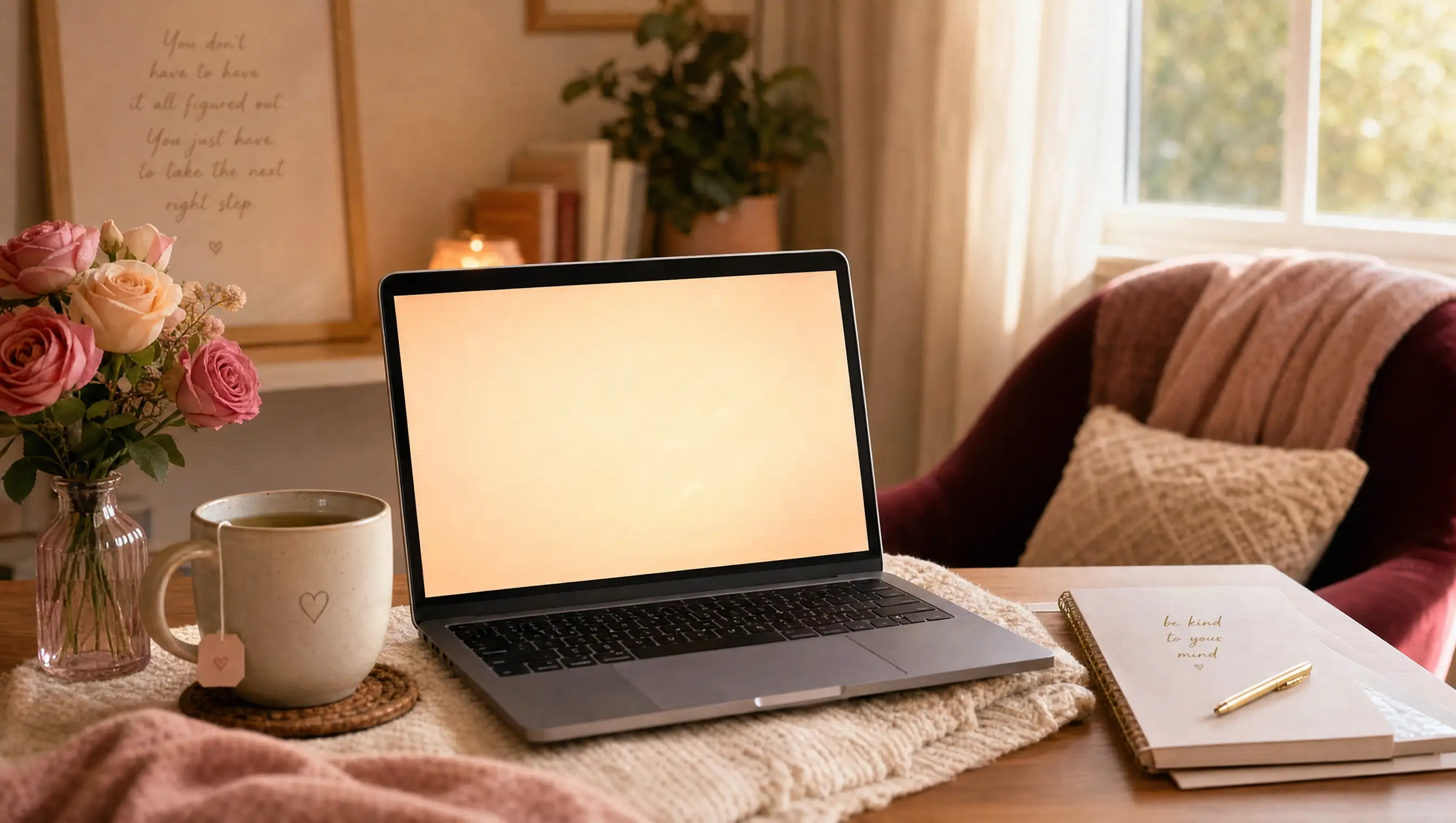 A laptop open for a video session beside a cup of tea and flowers at home