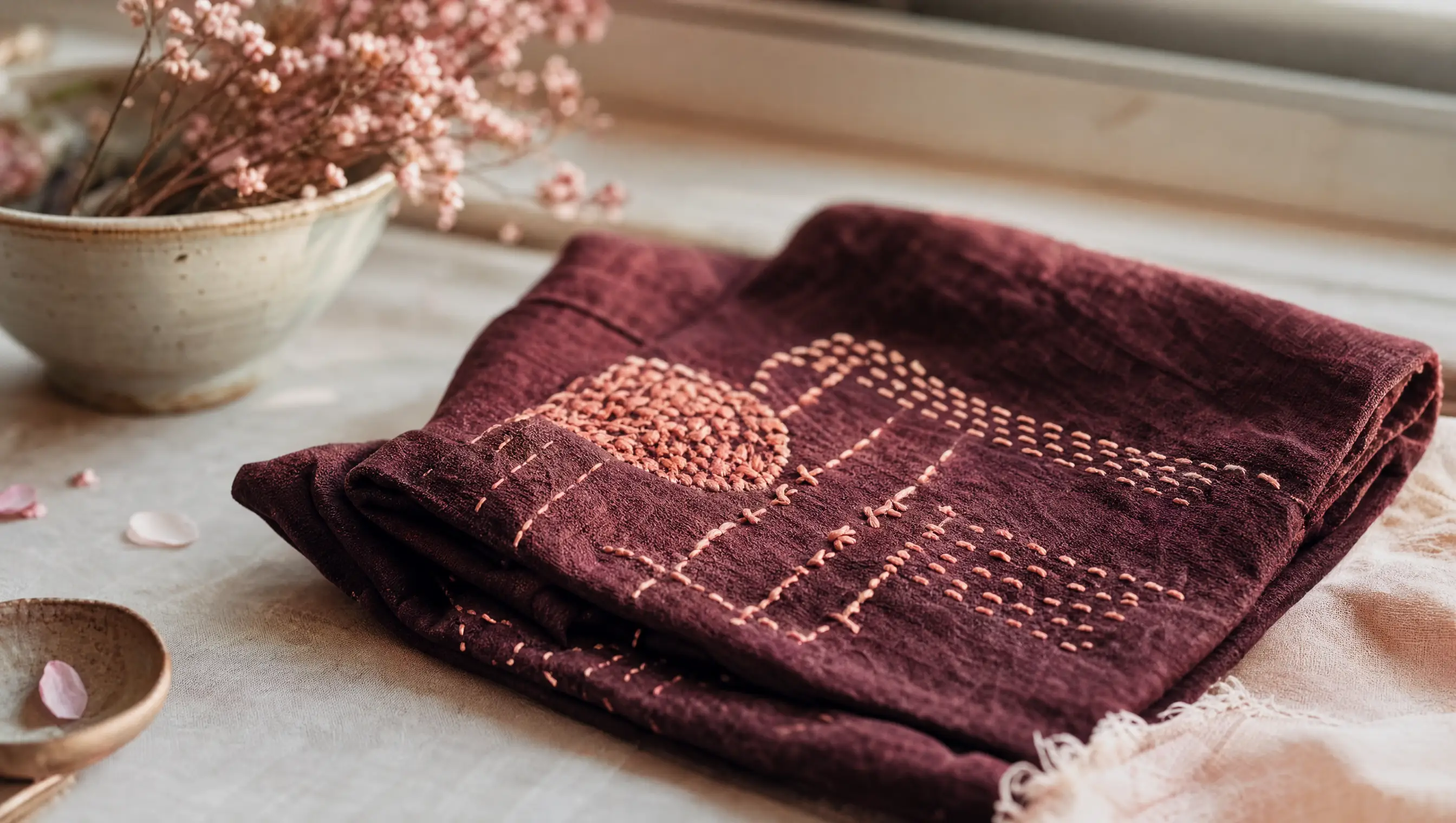 A burgundy cloth with visible mending stitches resting on a table