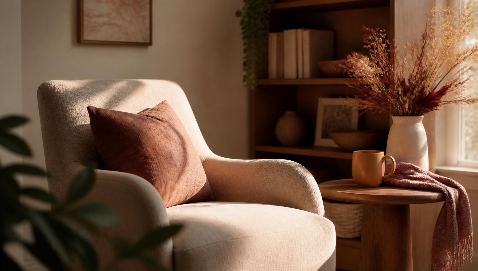 A warm counseling office with an armchair, bookshelf and dried flowers