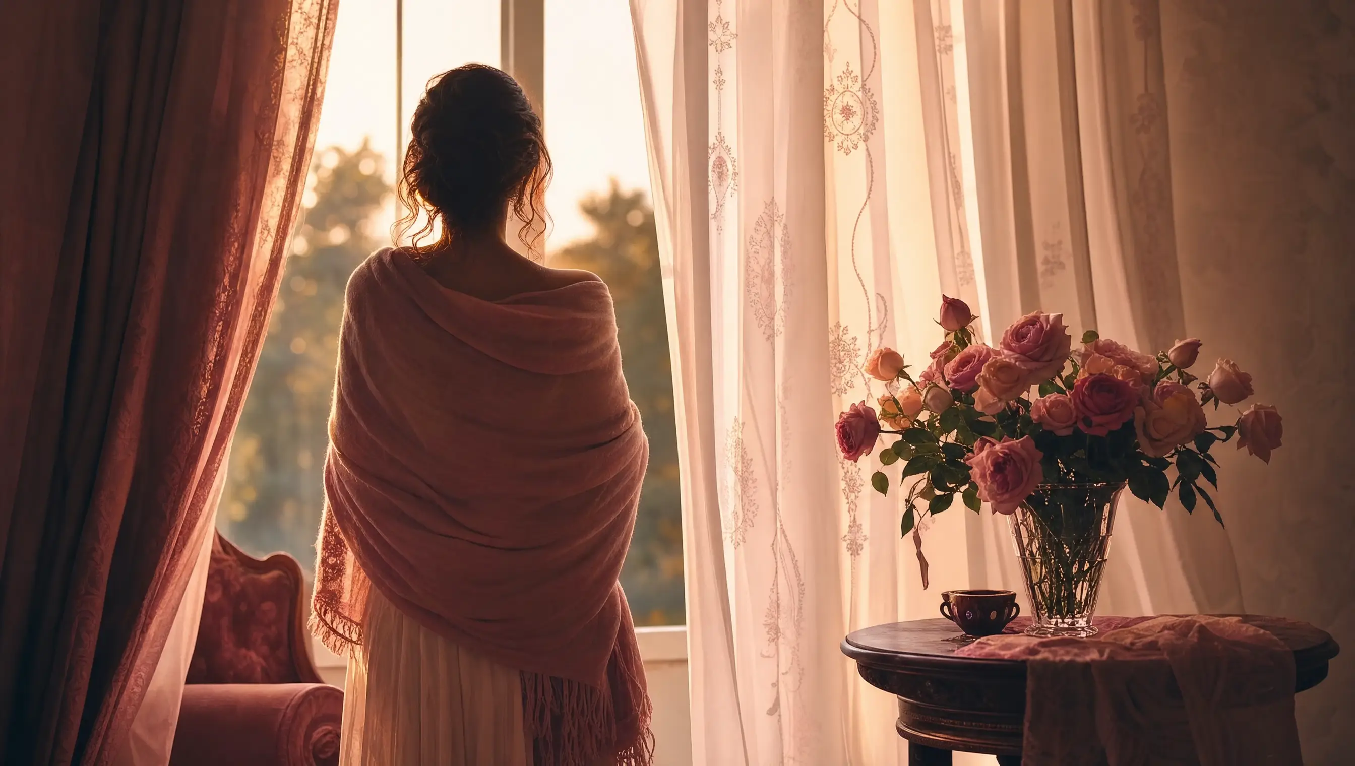 A woman wrapped in a shawl standing at a window beside a vase of roses